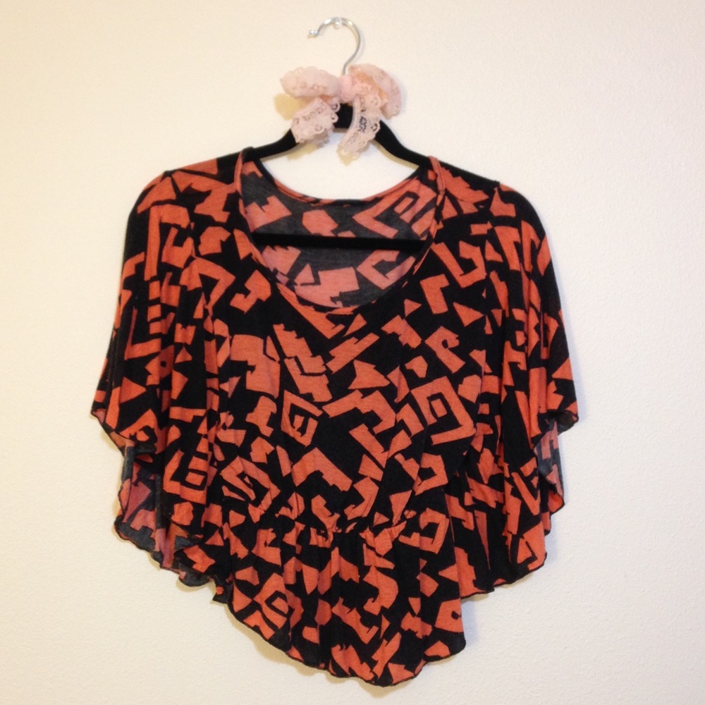 Black and Orange Cropped Flowy Sleeve and Hem Crop Top